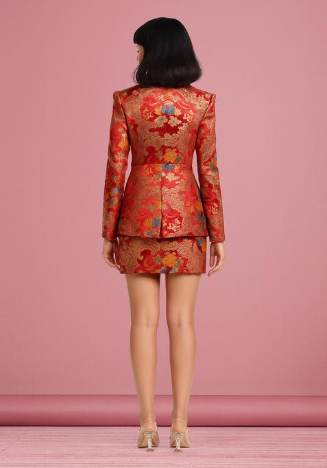 Red Embroidered Brocade Skirt Cord Set