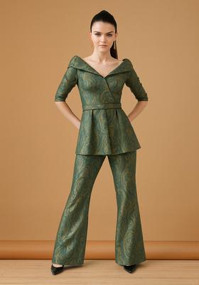 Green Embroidered Brocade Blazer Cords