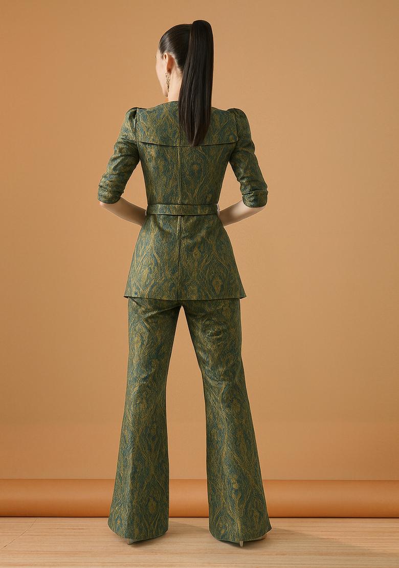 Green Embroidered Brocade Blazer Cords - Indya