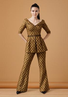 Brown Embroidered Brocade Blazer Cords