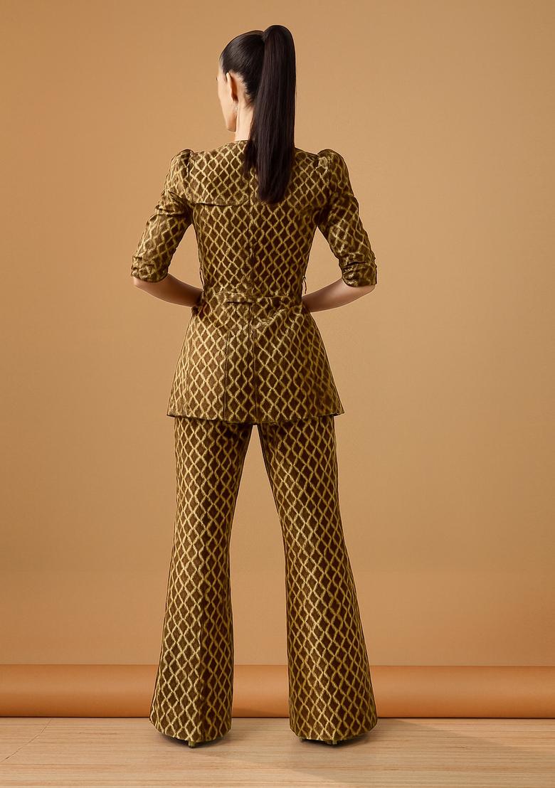 Brown Embroidered Brocade Blazer Cords