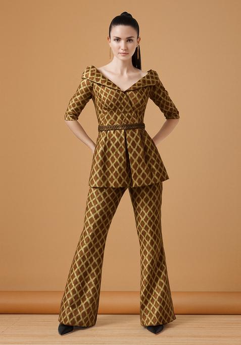 Brown Embroidered Brocade Blazer Cords