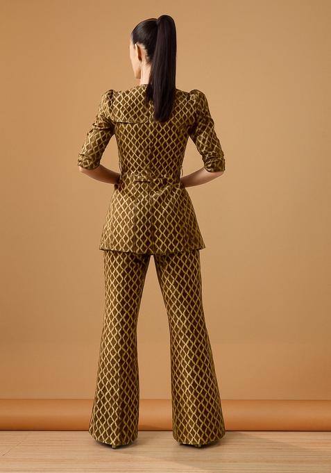 Brown Embroidered Brocade Blazer Cords