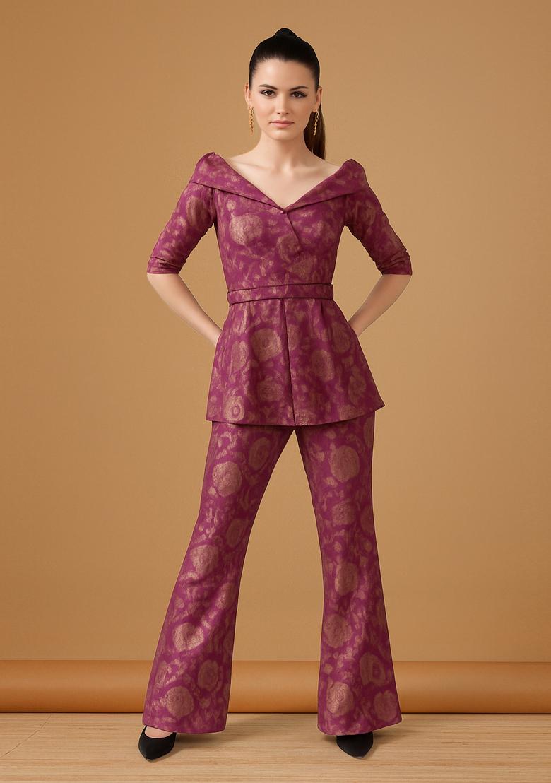 Pink Embroidered Brocade Blazer Cords