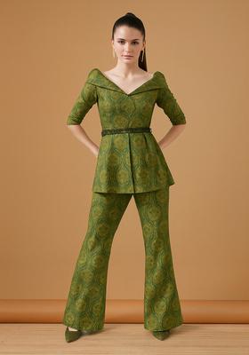 Green Embroidered Brocade Blazer Cords
