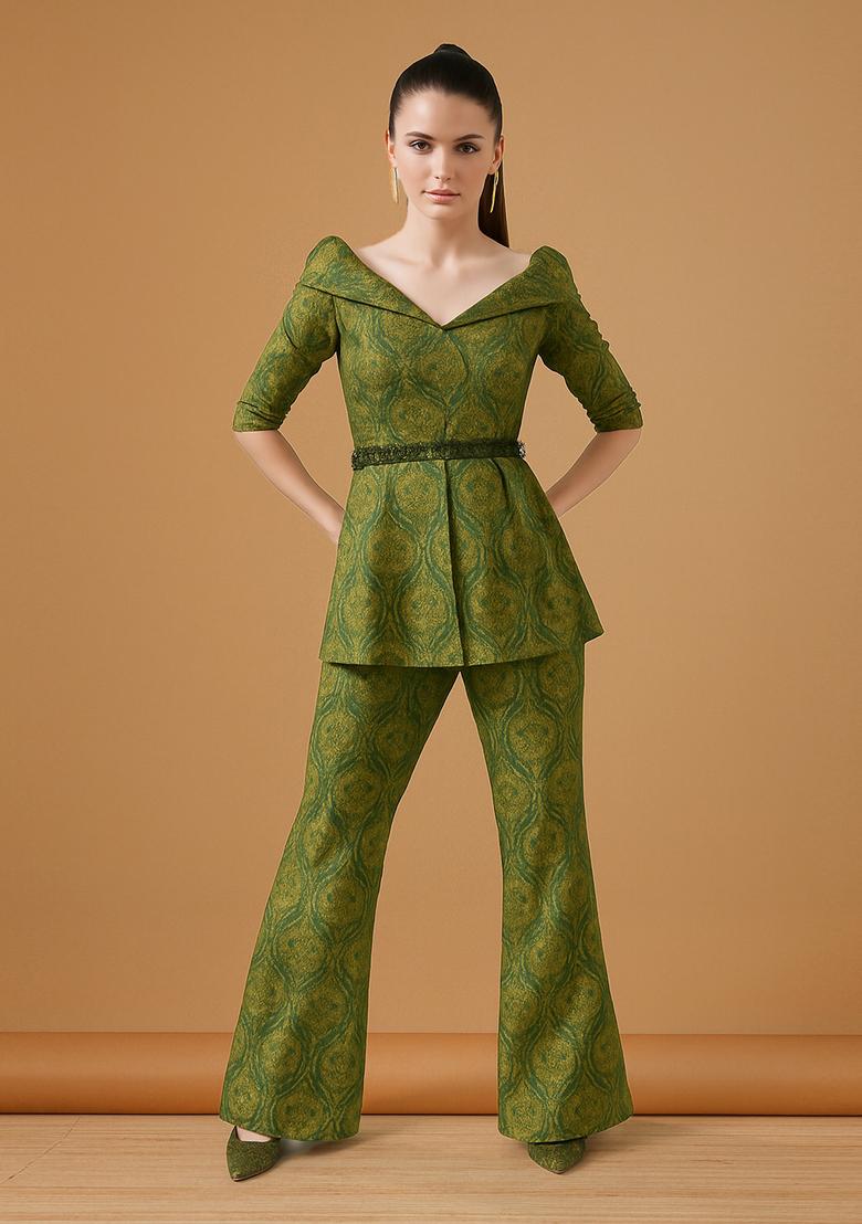 Green Embroidered Brocade Blazer Cords - Indya
