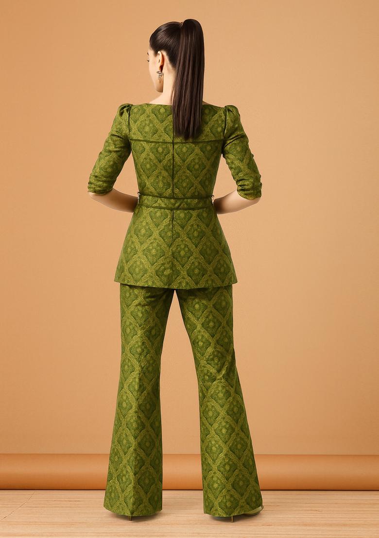 Green Embroidered Brocade Blazer Cords - Indya