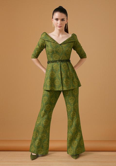 Green Embroidered Brocade Blazer Cords