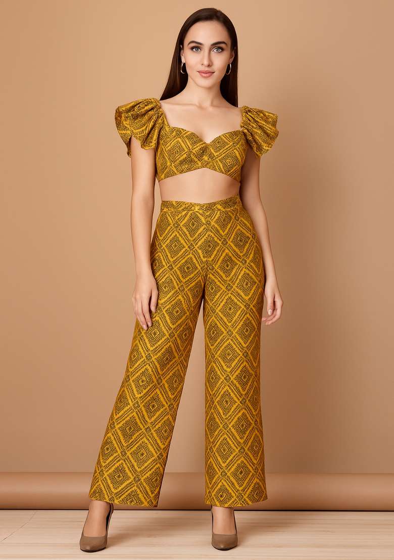 Yellow Embroidered Brocade Co-Ord Set - Indya