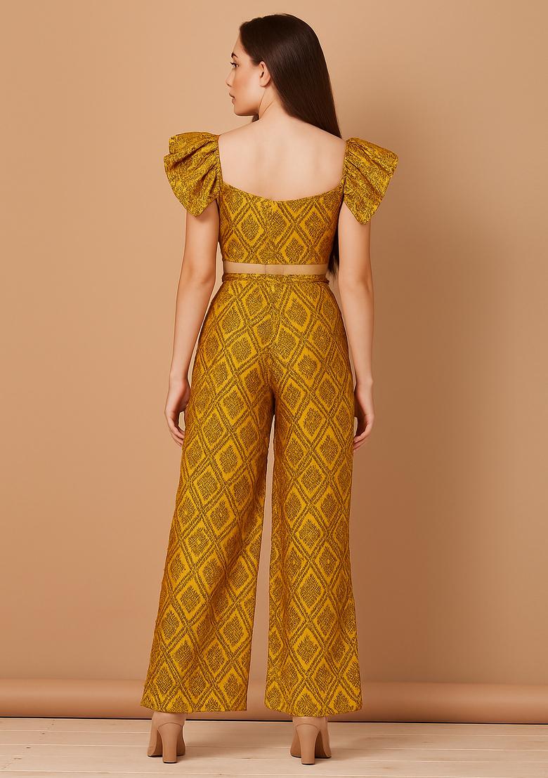 Yellow Embroidered Brocade Co-Ord Set - Indya