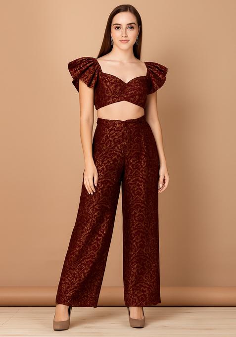 Brown Embroidered Brocade Co-Ord Set