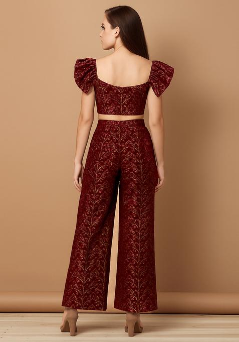Brown Embroidered Brocade Co-Ord Set