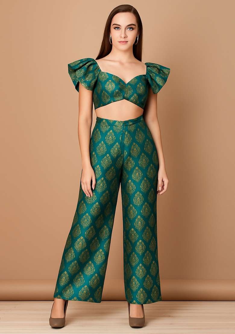 Green Embroidered Brocade Co-Ord Set - Indya