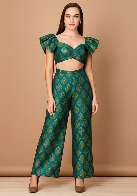 Green Embroidered Brocade Co-Ord Set