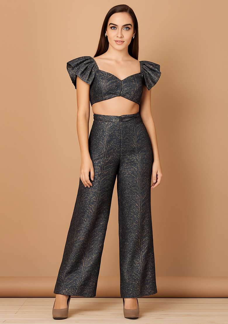 Grey Embroidered Brocade Co-Ord Set - Indya