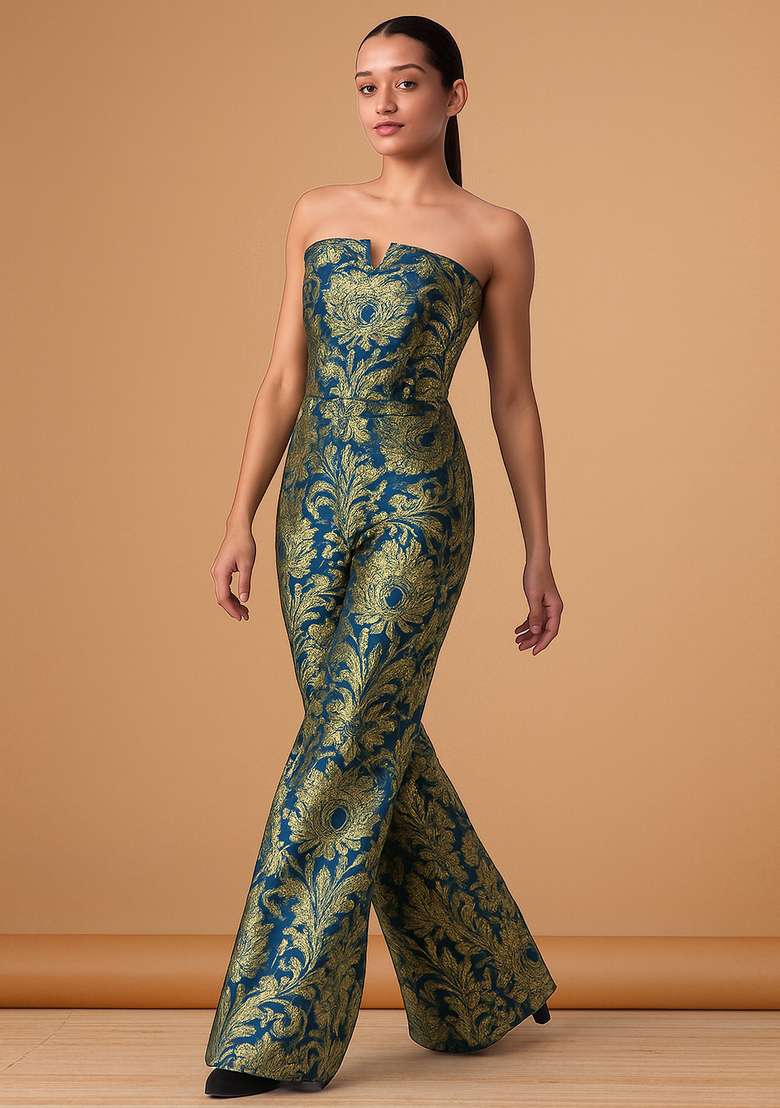 Navy Blue Jacquard Brocade Corset Blouse Co-Ord Set - Indya