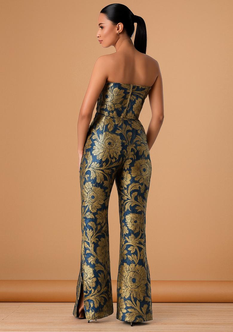 Navy Blue Jacquard Brocade Co-Ord Set - Indya