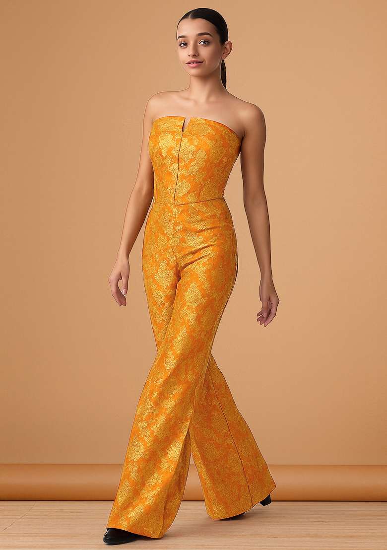 Orange Jacquard Brocade Corset Blouse Co-Ord Set - Indya