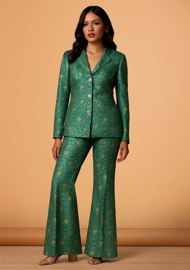 Green Jacquard Brocade Blazer Cords - Indya