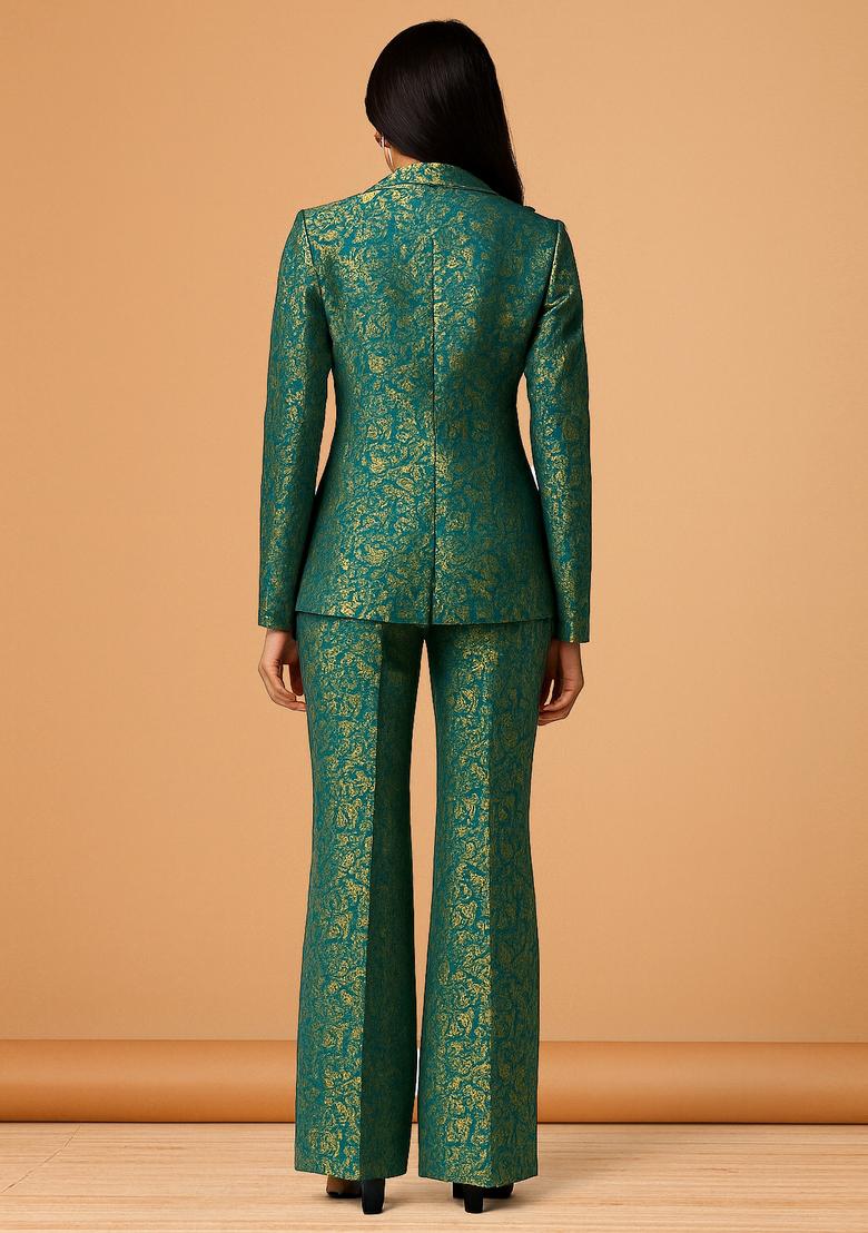 Green Jacquard Brocade Blazer Cords - Indya
