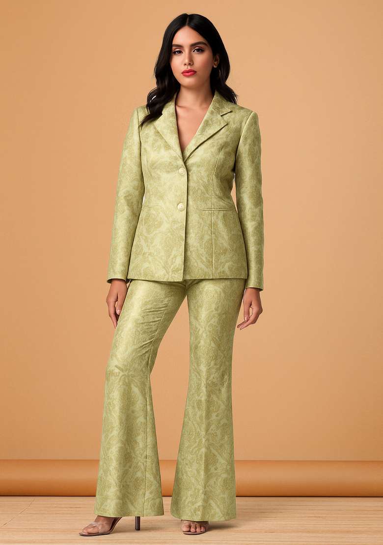 Pastel Green Jacquard Brocade Blazer Cords - Indya