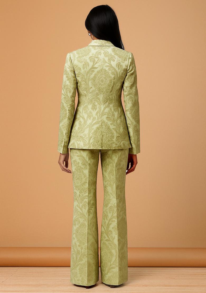Pastel Green Jacquard Brocade Blazer Cords - Indya