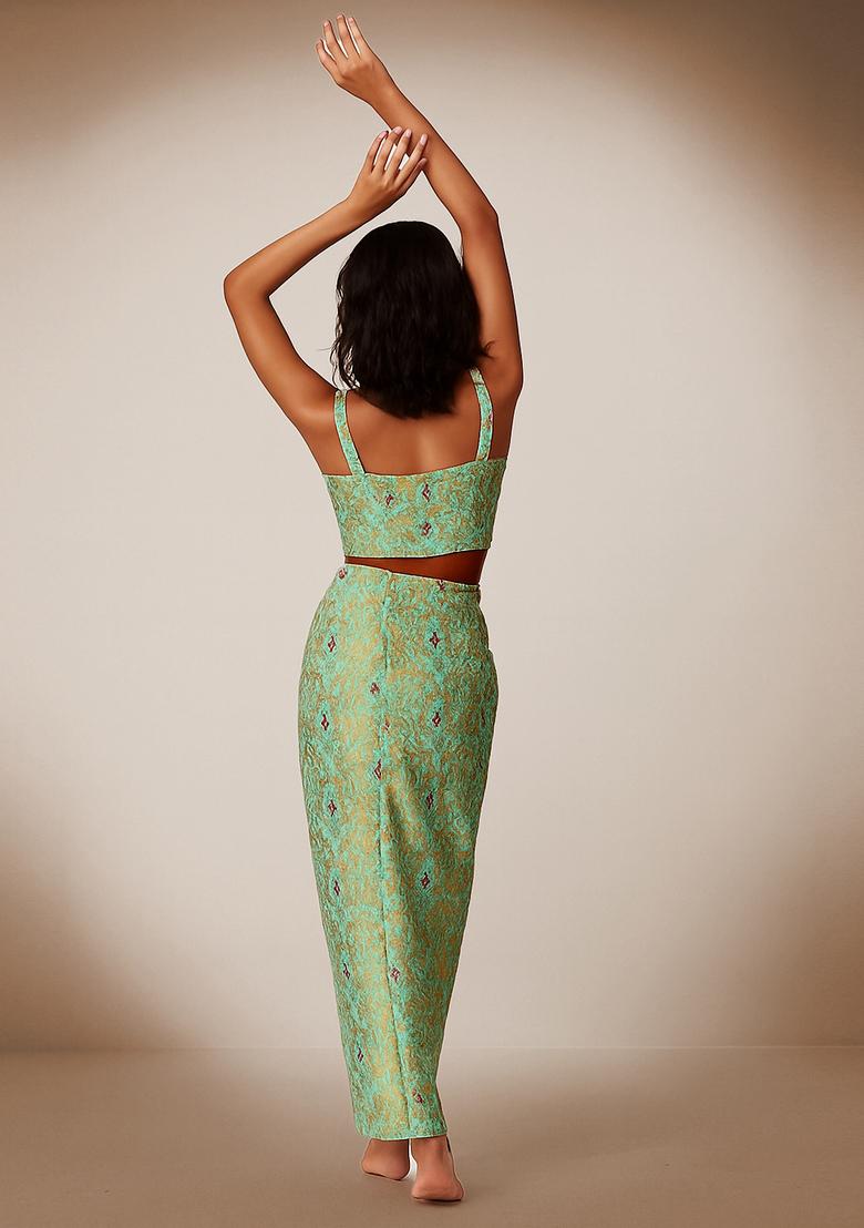Pista Green Embroidered Brocade Skirt Cord Set - Indya