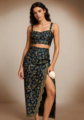 Blue Embroidered Brocade Skirt Cord Set