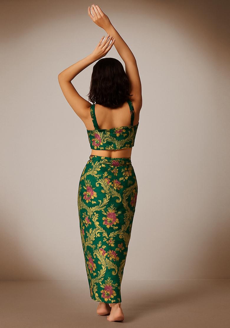 Green Embroidered Brocade Skirt Cord Set - Indya