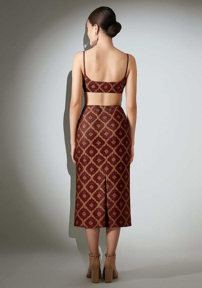 Burgandy Embroidered Brocade Skirt Cord Set - Indya