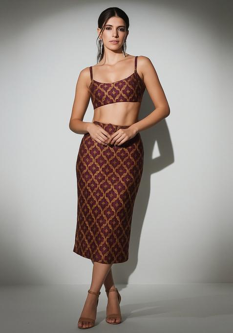 Burgandy Embroidered Brocade Skirt Cord Set