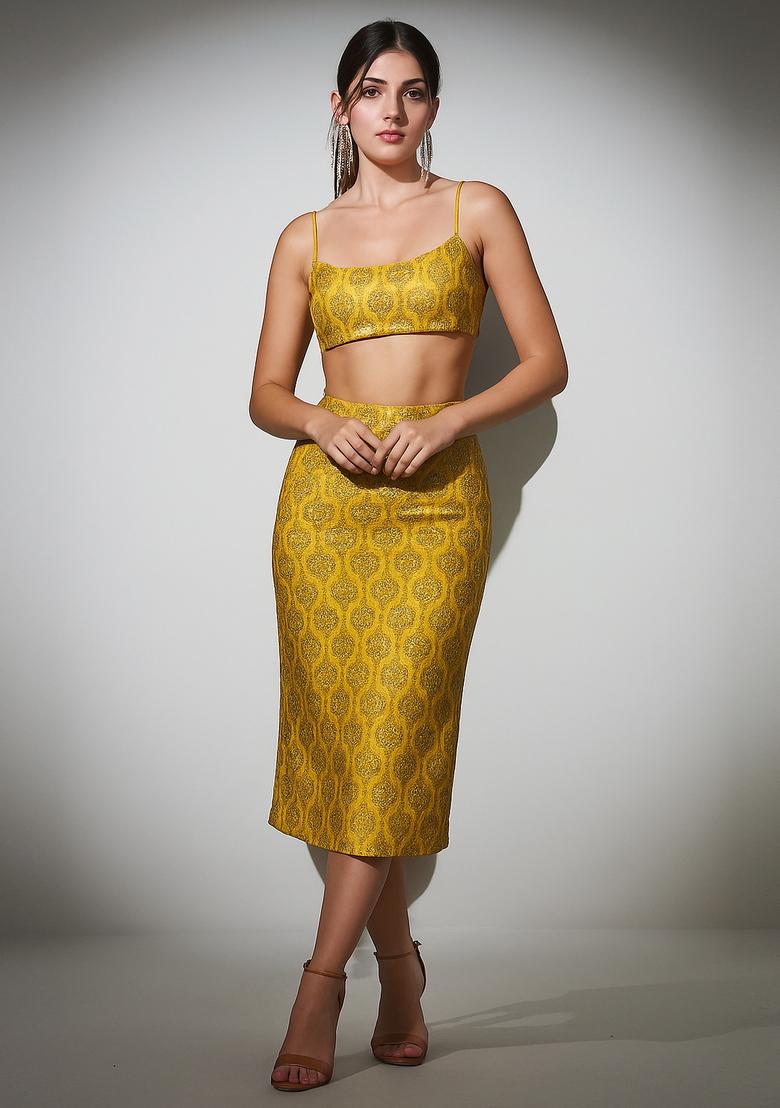 Yellow Embroidered Brocade Skirt Cord Set