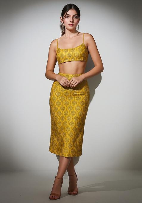 Yellow Embroidered Brocade Skirt Cord Set