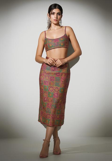 Multicolor Embroidered Brocade Skirt Cord Set