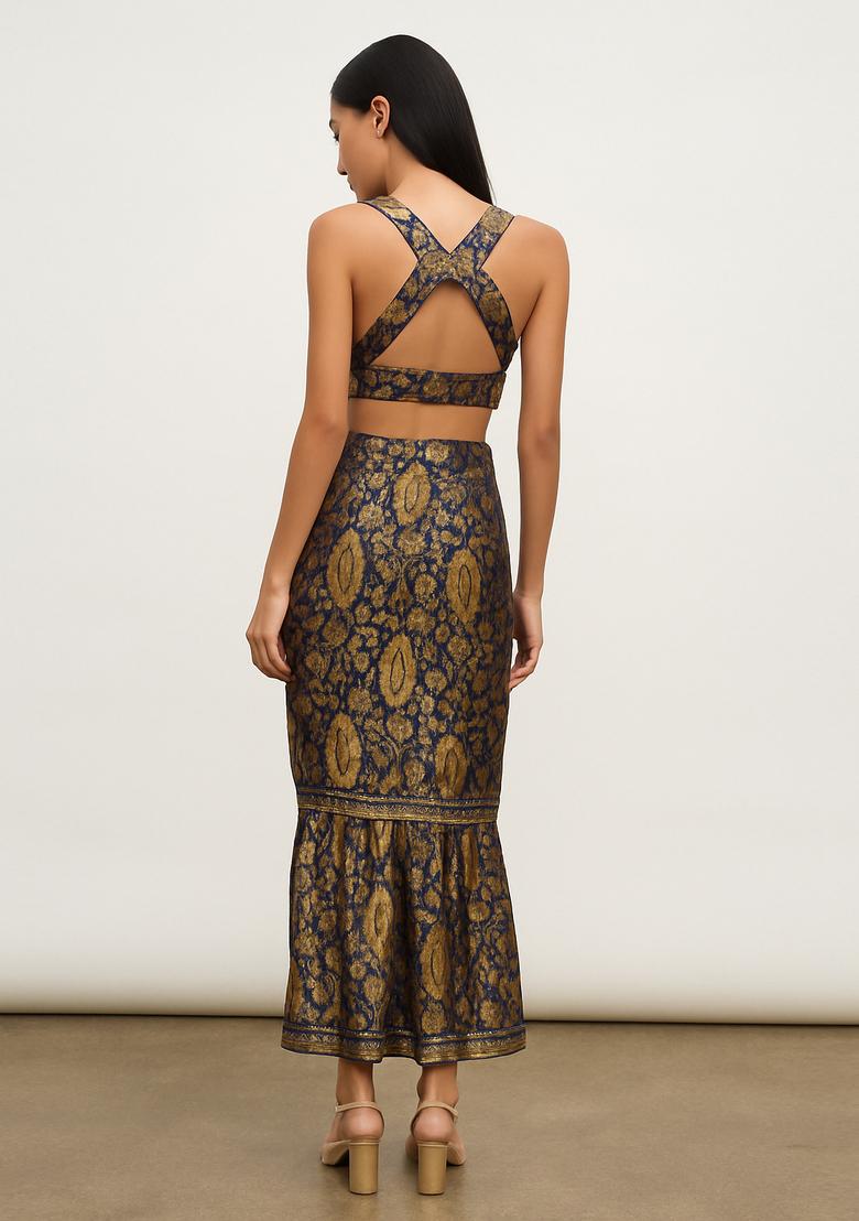 Navy Blue Embroidered Brocade Skirt Cord Set