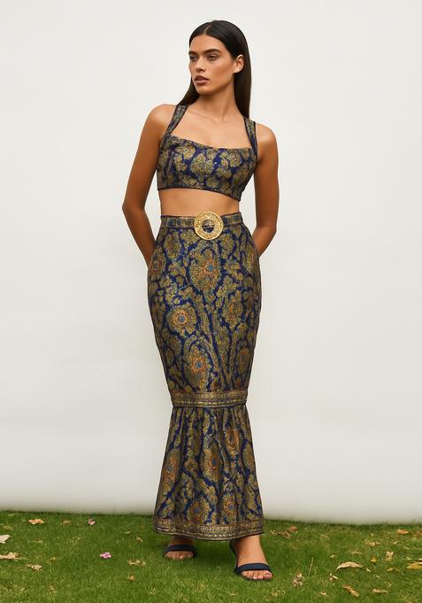 Navy Blue Embroidered Brocade Skirt Cord Set