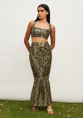 Green Embroidered Brocade Skirt Cord Set