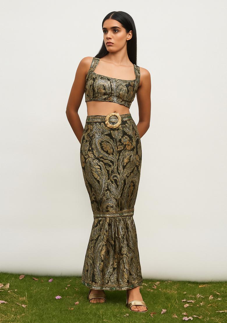 Green Embroidered Brocade Skirt Cord Set