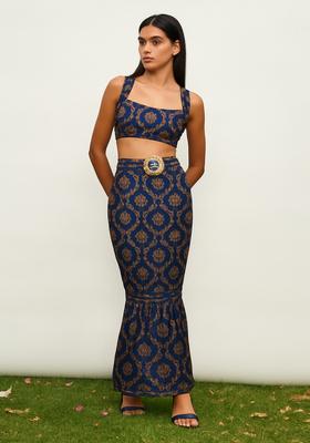 Navy Blue Embroidered Brocade Skirt Cord Set