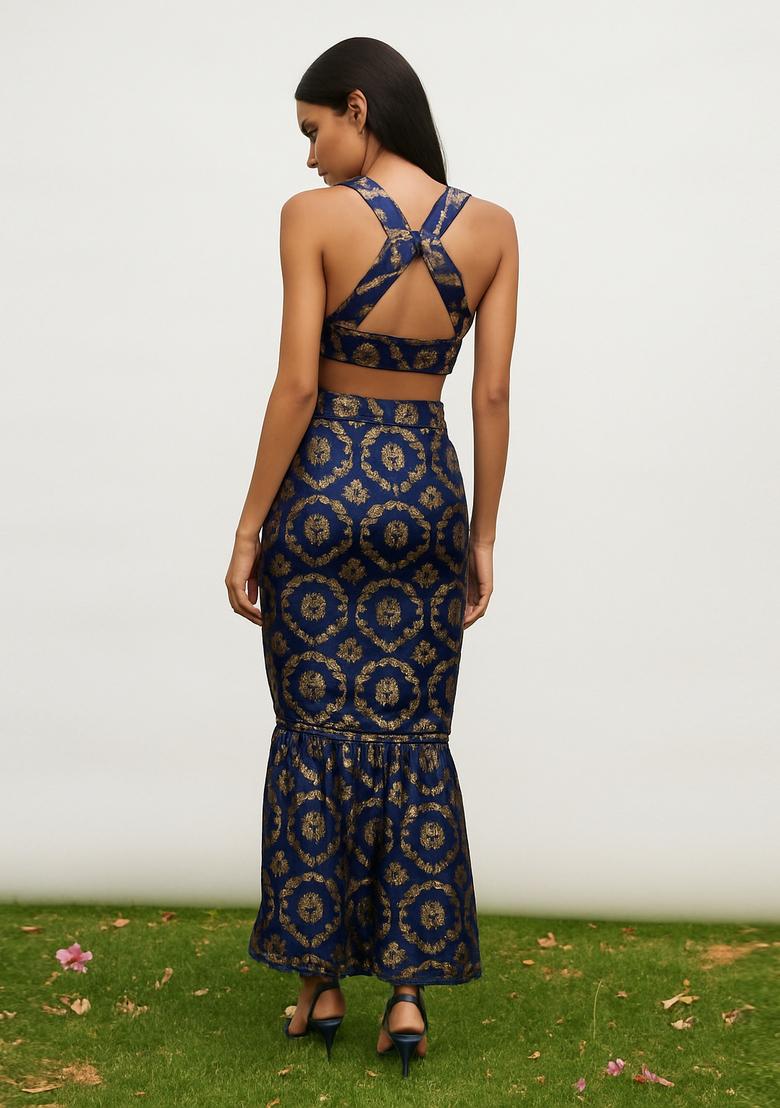 Navy Blue Embroidered Brocade Skirt Cord Set - Indya