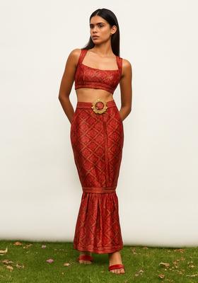 Maroon Embroidered Brocade Skirt Cord Set