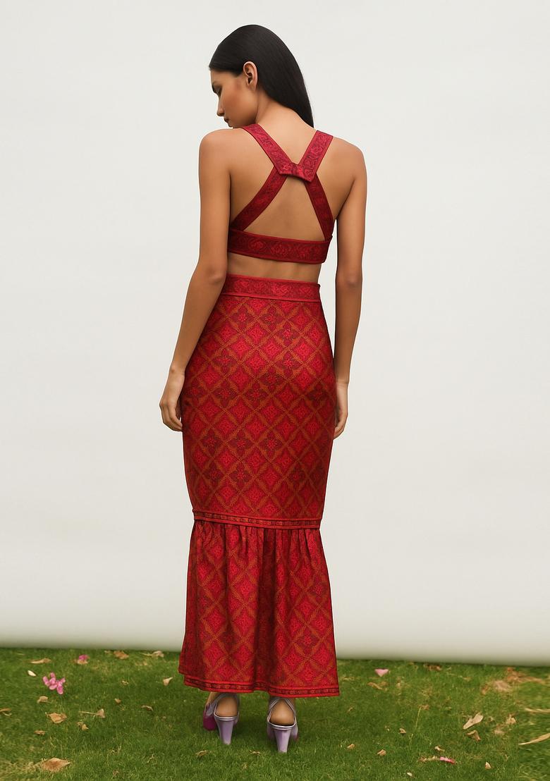 Maroon Embroidered Brocade Skirt Cord Set - Indya