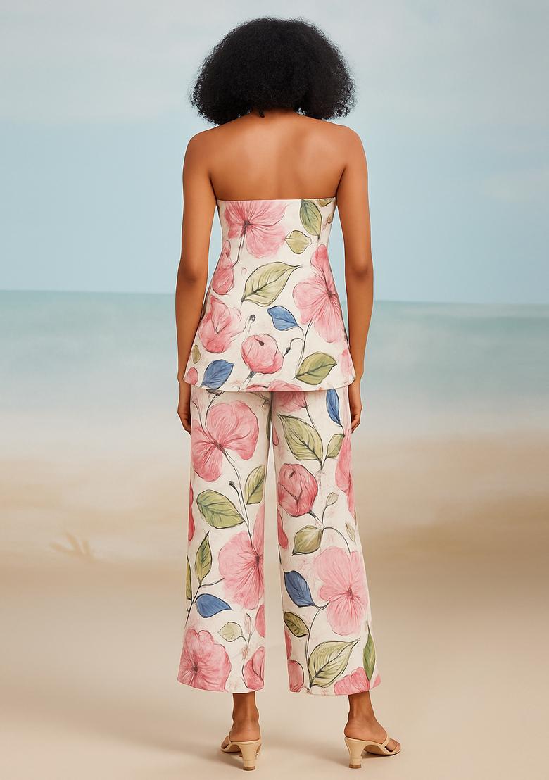 White Printed Cotton Linen Co-Ord Set - Indya