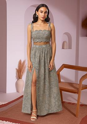 White Embroidered Linen Crop Top And Skirt Set