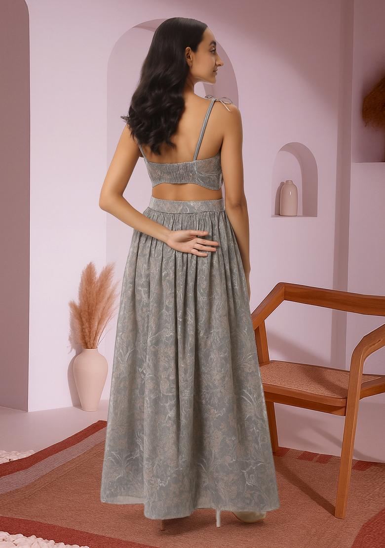 White Embroidered Linen Crop Top And Skirt Set