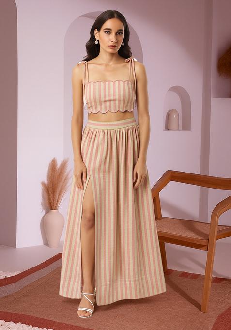 Pink Striped Linen Crop Top And Skirt Set