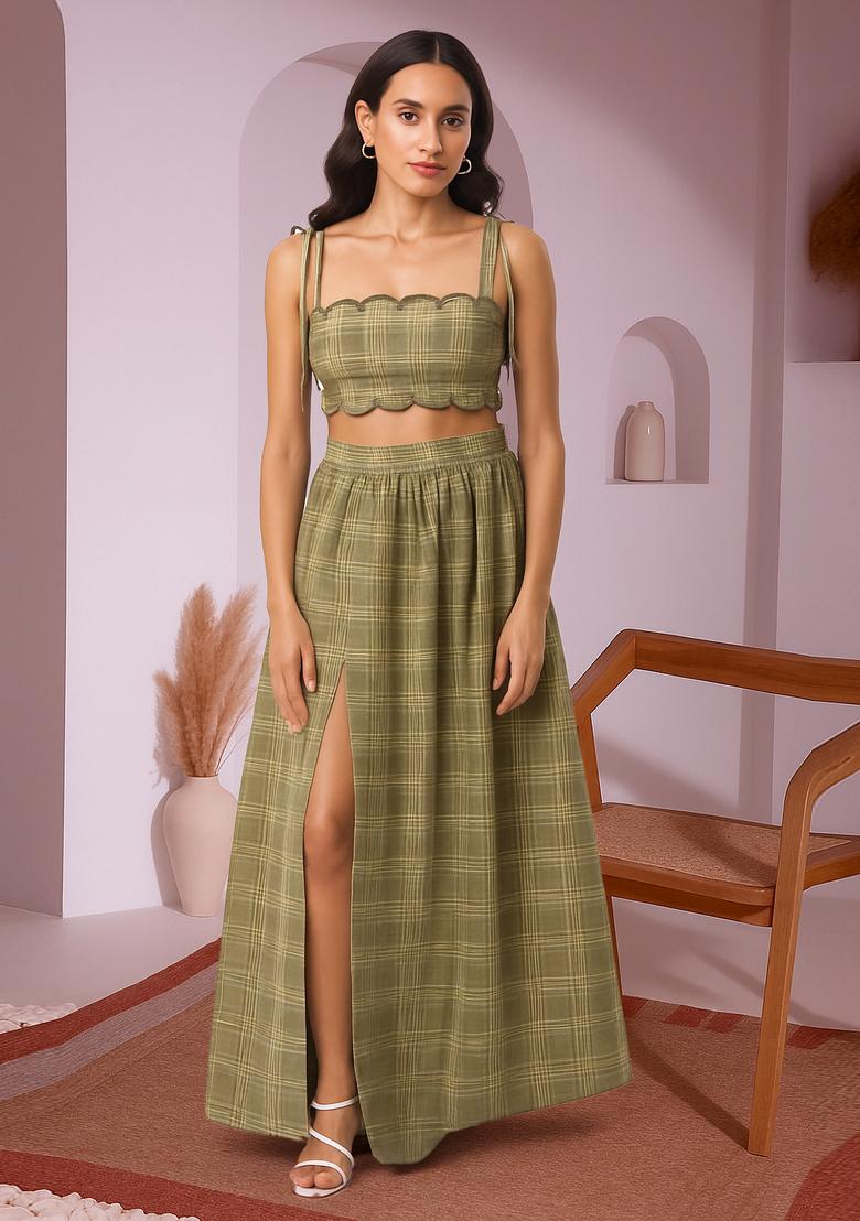 Green Striped Linen Crop Top And Skirt Set