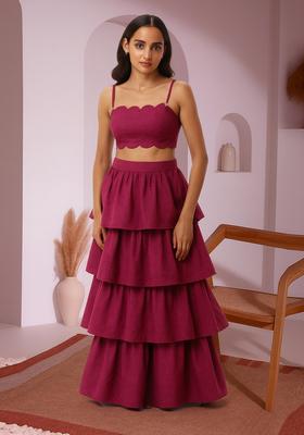 Pink Solid Linen Crop Top And Skirt Set