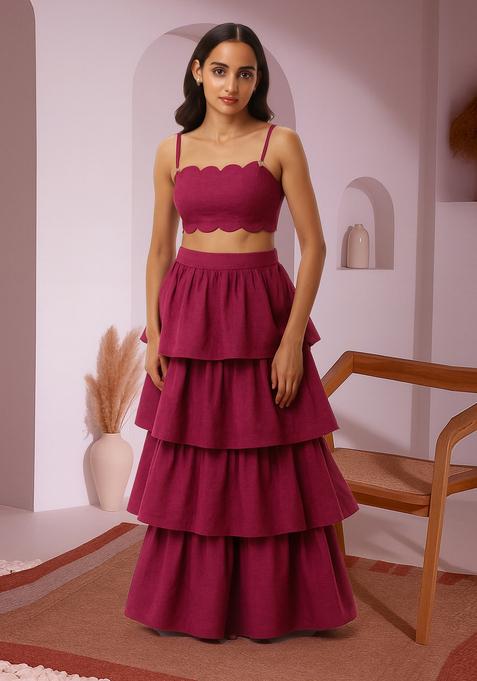 Pink Solid Linen Crop Top And Skirt Set