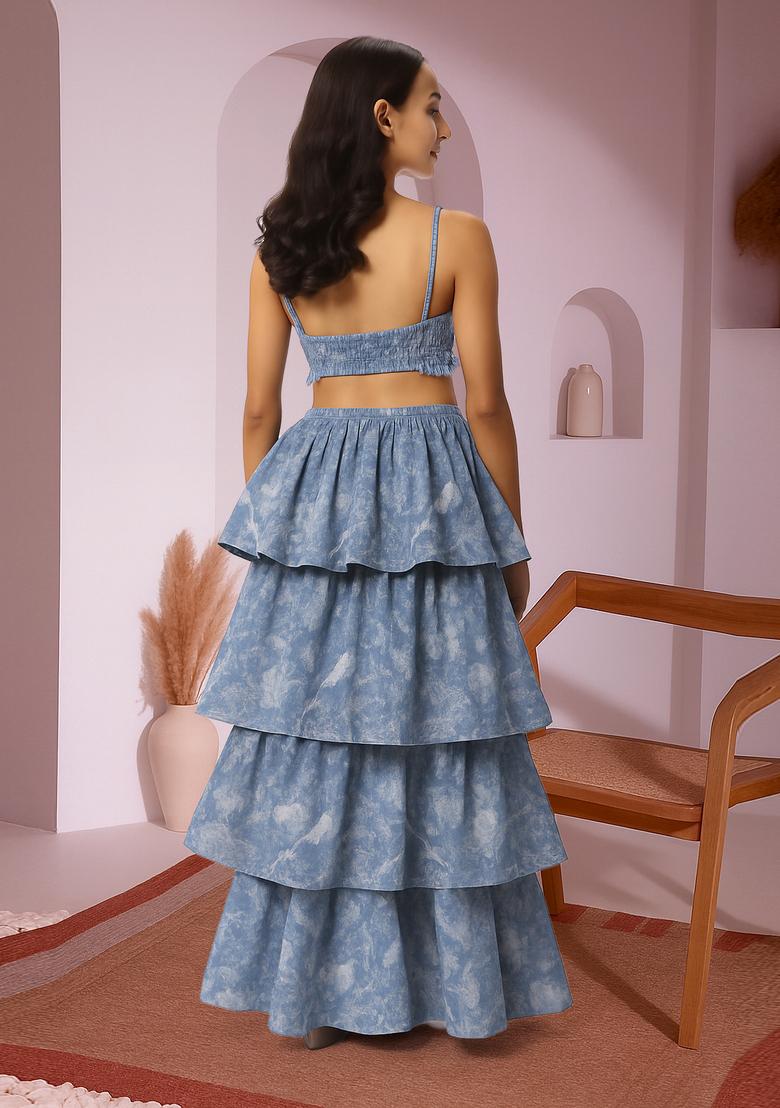 Light Blue Printed Linen Crop Top And Skirt Set